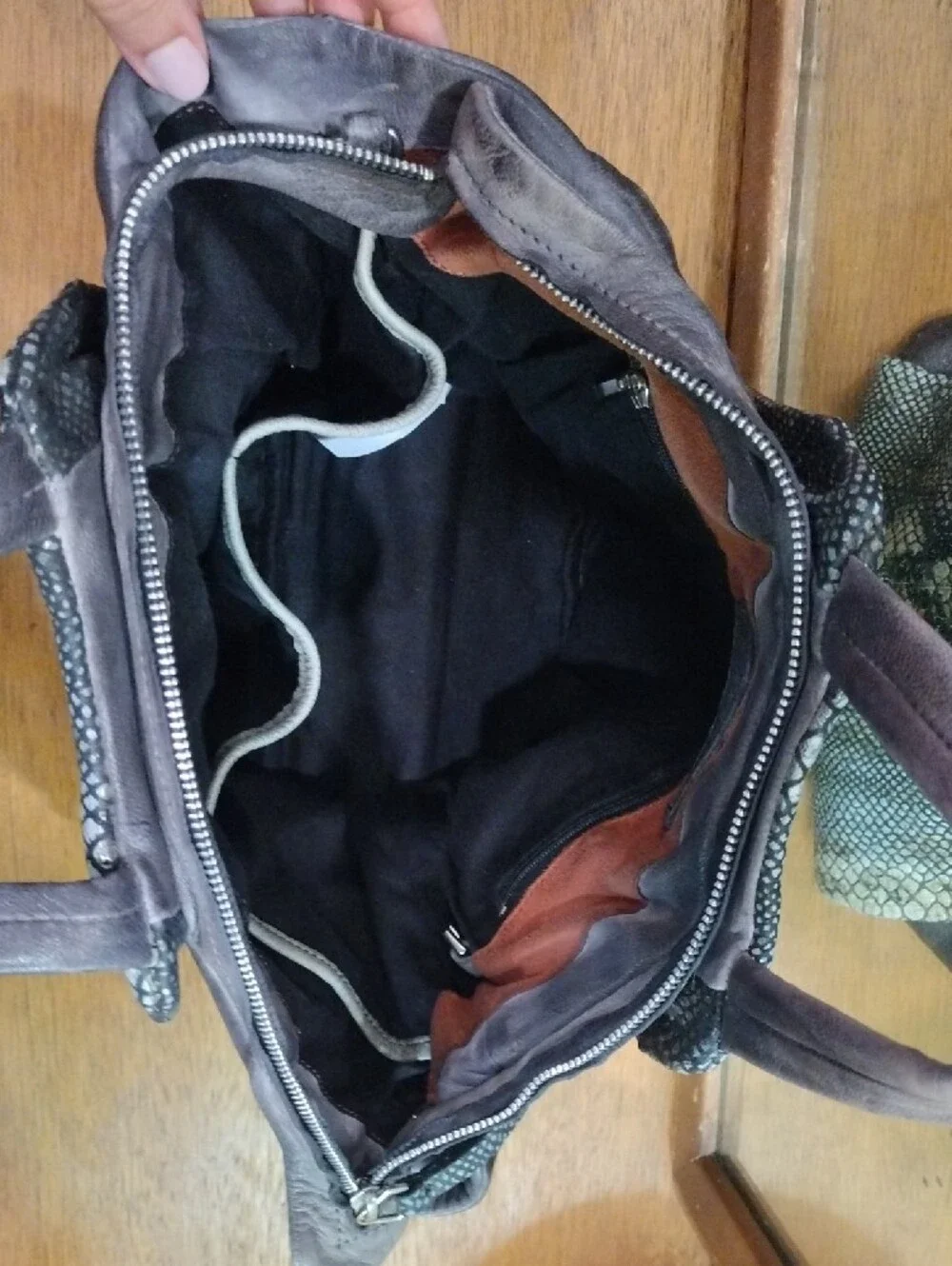 Textured Gray Snake-Print Tote with Leather Sides